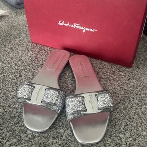 Salvatore Ferragamo silver slides size 8